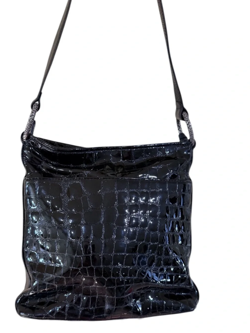 Brighton Black Croc Leather Crossbody Bag Silver Heart Charm Vintage Chic